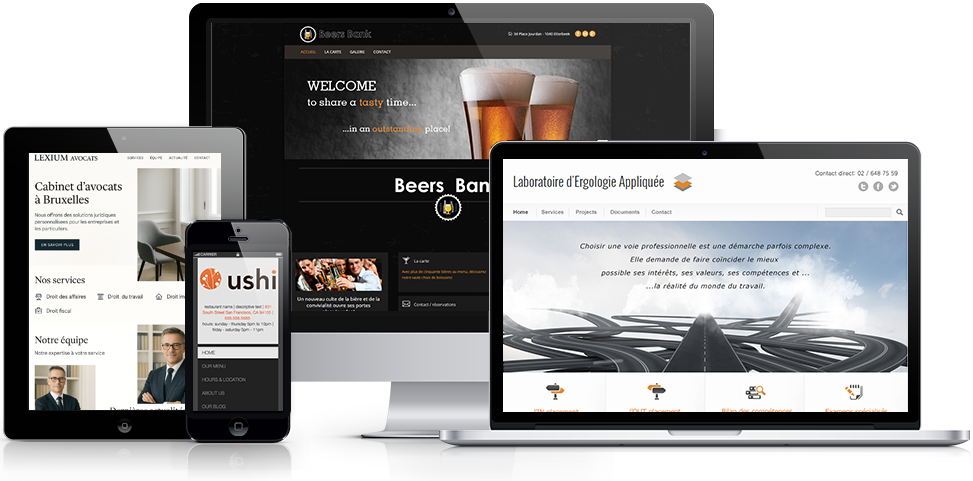 vue d'un bref portfolio de design web, site d'un cabinet d'avocat, d'un organisme social, d'un restaurant bar et d'un service médical. L'image montre le tout sur ordinateur, une tablette, un télephone.