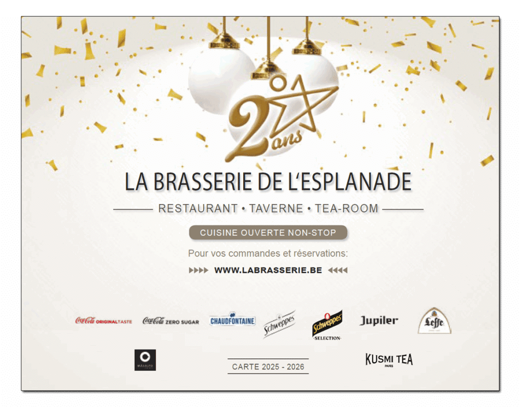 exemple de création graphique de menus - Brasserie de l'Esplanade, Louvain-la-Neuve