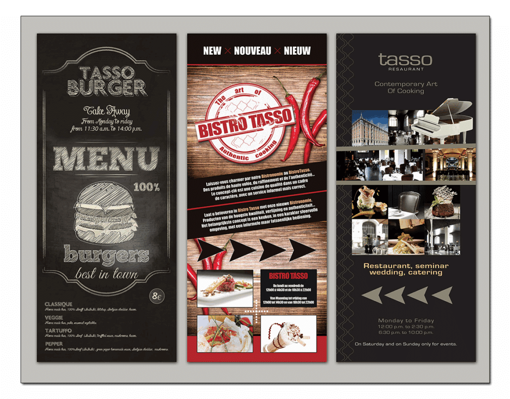 Exemple de création graphique affichages Rollup - Restaurant Tasso - Tour et Taxis