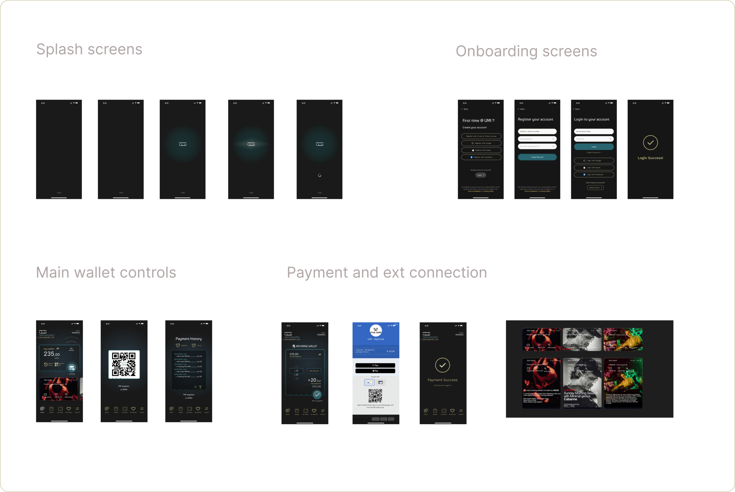 Apercu d'un design system , les différents écrans designés; login, payement, rechargement, onscription, menus, contrôles.